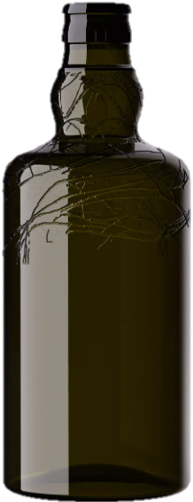 Bottiglia da 250 ml in vetro scuro con un rametto d'ulivo inciso, destinata alla linea di oli aromatizzati